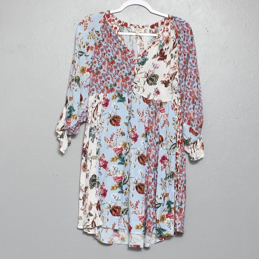 Umgee mixed floral pattern boho cuffed cropped balloon sleeve dress